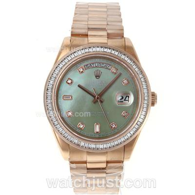 Rolex Day-Date II Swiss ETA 2836 Movement Full Rose Gold CZ Diamond Bezel Diamond Markers with Green MOP Dial