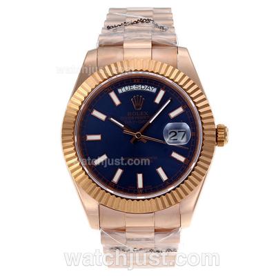 Rolex Day-Date II Swiss ETA 2836 Movement Full Rose Gold Stick Markers with Blue Dial