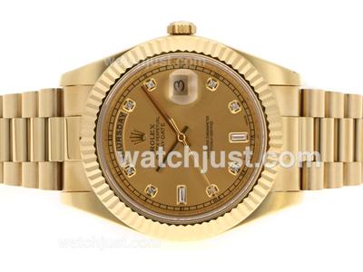 Rolex Day-Date II Swiss ETA 3156 Movement Full Gold Diamond Markers with Golden Dial