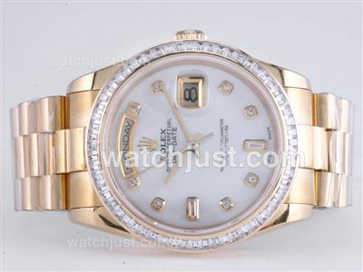 Rolex Day-Date Swiss ETA 2836 Movement Full Gold White CZ Diamond Bezel with MOP Dial-Diamond Marking