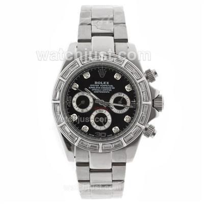 Rolex Daytona Automatic Baguette CZ Diamond Bezel with Black Dial-Diamond Marking