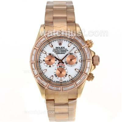 Rolex Daytona Automatic Full Rose Gold CZ Diamond Bezel Stick Markers with White Dial