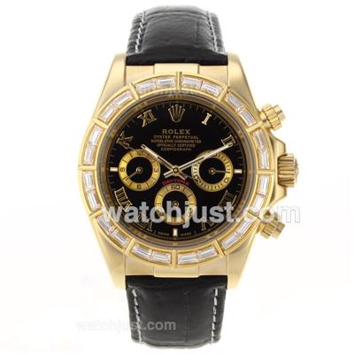 Rolex Daytona Automatic Gold Case CZ Diamond Bezel Roman Markers with Black Dial