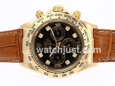 Rolex Daytona Automatic Gold Case Diamond Markers with Black Dial-Leather Strap