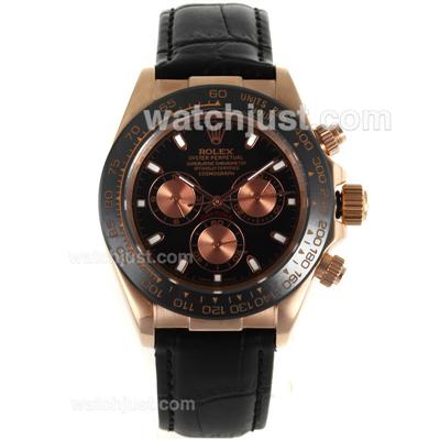 Rolex Daytona Automatic Rose Gold Case Ceramic Bezel with Black Dial-Black Leather Strap