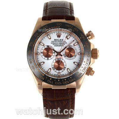 Rolex Daytona Automatic Rose Gold Case Ceramic Bezel with White Dial-Brown Leather Strap