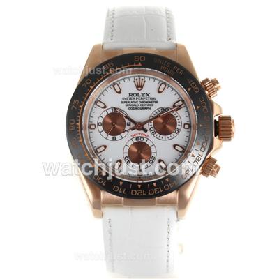 Rolex Daytona Automatic Rose Gold Case Ceramic Bezel with White Dial-White Leather Strap