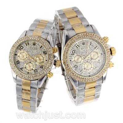 Rolex Daytona Automatic Two Tone with Number Marking-Diamond Dial Couple Watch