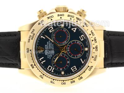 Rolex Daytona Chronograph Swiss Valjoux 7750 Movement 18K Gold Case with Blue Dial-Number Markers