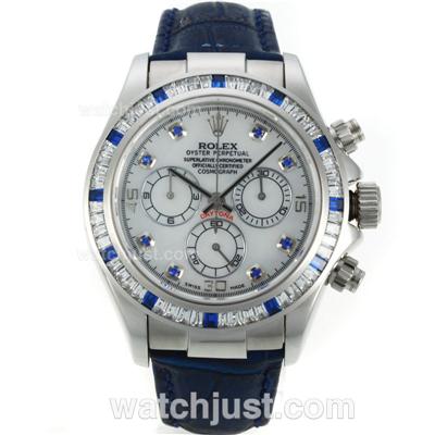 Rolex Daytona Chronograph Swiss Valjoux 7750 Movement CZ Diamond Bezel Blue Diamond Markers with White Dial-Blue Leather Strap