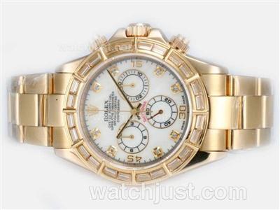 Rolex Daytona Chronograph Swiss Valjoux 7750 Movement Full Gold With Baguette CZ Diamond Bezel-MOP Dial