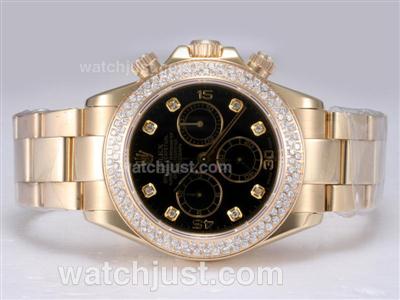 Rolex Daytona Chronograph Swiss Valjoux 7750 Movement Full Gold with Diamond Bezel-Black Dial