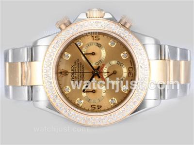 Rolex Daytona Chronograph Swiss Valjoux 7750 Movement Two Tone with Diamond Bezel-Golden Dial