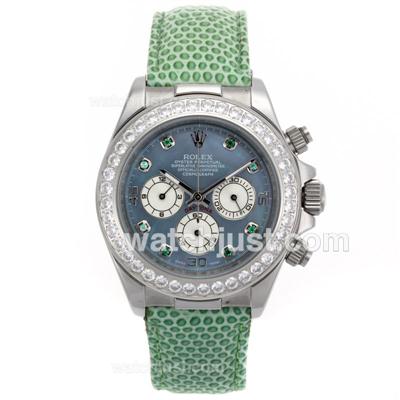 Rolex Daytona Working Chronograph Diamond Bezel and Green Diamond Markers with Blue MOP Dial-Green Leather Strap