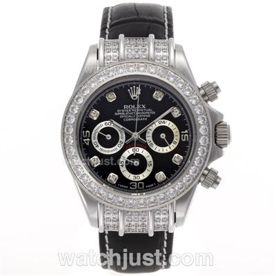 Rolex Daytona Working Chronograph Diamond Bezel and Markers with Black Dial - Leather Strap