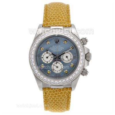 Rolex Daytona Working Chronograph Diamond Bezel and Yellow Diamond Markers with Blue MOP Dial-Yellow Leather Strap