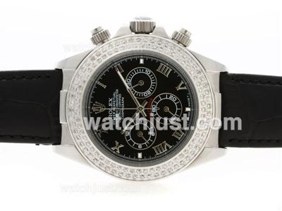 Rolex Daytona Working Chronograph Diamond Bezel Roman Marking with Black Dial-Leather Strap