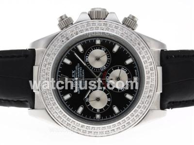 Rolex Daytona Working Chronograph Diamond Bezel Stick Marking with Black Dial-Leather Strap