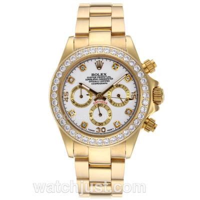 Rolex Daytona Working Chronograph Full Gold Diamond Bezel and Markers with White Dial