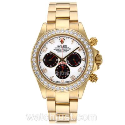 Rolex Daytona Working Chronograph Full Gold Diamond Bezel Number Markers with White Dial