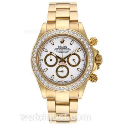 Rolex Daytona Working Chronograph Full Gold Diamond Bezel Stick Markers with White Dial