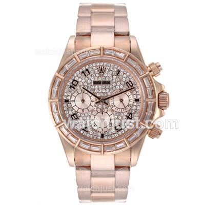 Rolex Daytona Working Chronograph Full Rose Gold CZ Diamond Bezel Number Markers with Diamond Dial