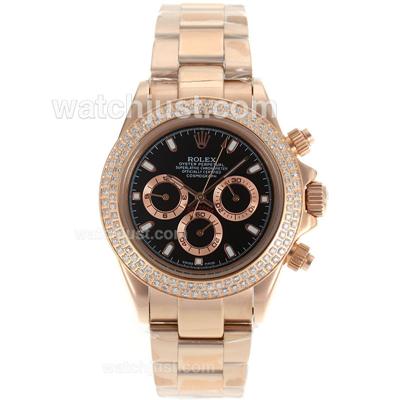 Rolex Daytona Working Chronograph Full Rose Gold Diamond Bezel Stick Markers With Black Dial