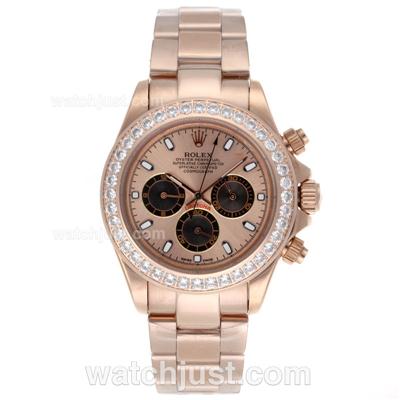 Rolex Daytona Working Chronograph Full Rose Gold Diamond Bezel Stick Markers with Champagne Dial