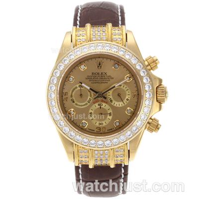 Rolex Daytona Working Chronograph Gold Case Diamond Bezel and Markers with Golden Dial-Leather Strap