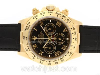 Rolex Daytona Working Chronograph Gold Case Roman Marking with Black Dial-Leather Strap