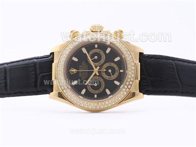 Rolex Daytona Working Chronograph Golden Case with Black Dial- Sticker Marking Diamond Bezel