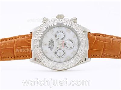 Rolex Daytona Working Chronograph MOP Dial Roman Numerals with Diamond Bezel - Brown Strap