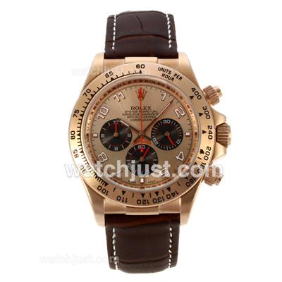 Rolex Daytona Working Chronograph Number Markers Rose Gold Case with Rose Gold Dial-Leather Strap