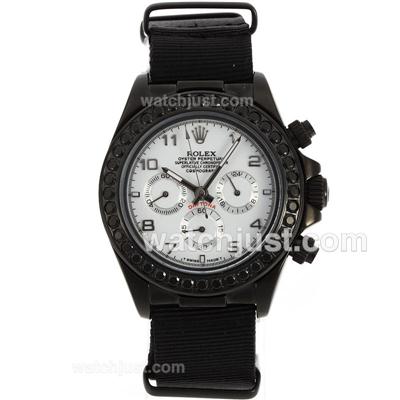 Rolex Daytona Working Chronograph PVD Case Black Diamond Bezel Number Markers with White Dial-Nylon Strap