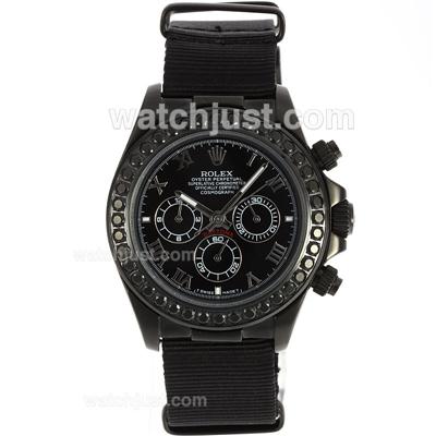 Rolex Daytona Working Chronograph PVD Case Black Diamond Bezel Roman Markers with Black Dial-Nylon Strap