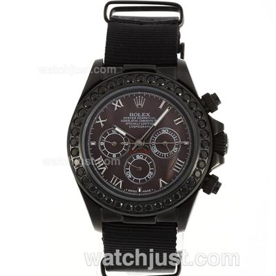 Rolex Daytona Working Chronograph PVD Case Black Diamond Bezel Roman Markers with Black MOP Dial-Nylon Strap