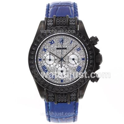 Rolex Daytona Working Chronograph PVD Case Black Diamond Bezel Roman Markers with Diamond Dial-Blue Leather Strap