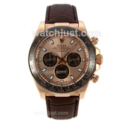 Rolex Daytona Working Chronograph Rose Gold Case Ceramic Bezel with Golden Dial Stick Markers-Leather Strap