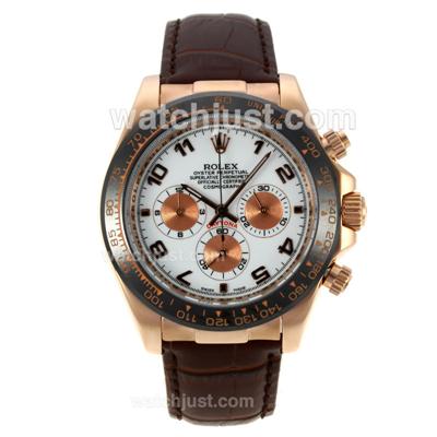 Rolex Daytona Working Chronograph Rose Gold Case Ceramic Bezel with White Dial Number Markers-Leather Strap