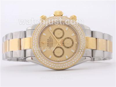 Rolex Daytona Working Chronograph Two Tone Diamond Bezel with Golden Dial-Stick Marking Sapphire Glass