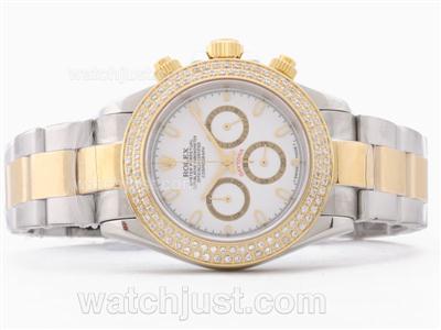 Rolex Daytona Working Chronograph Two Tone Diamond Bezel with White Dial-Stick Marking Sapphire Glass