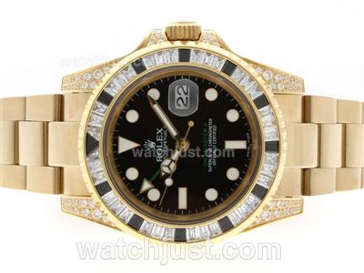 Rolex GMT-Master II Automatic Full Gold Black CZ Diamond Bezel with Black Dial