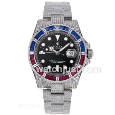 Rolex GMT-Master II Swiss ETA 2836 Movement Blue/Red CZ Diamond Bezel with Full Diamond Strap