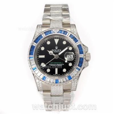 Rolex GMT-Master II Swiss ETA 2836 Movement Blue/White CZ Diamond Bezel with Black Dial-Diamond Strap