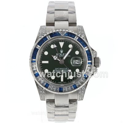 Rolex GMT-Master II Swiss ETA 2836 Movement Blue/White CZ Diamond Bezel with Green Dial S/S