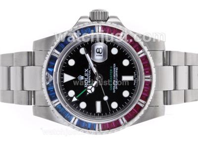 Rolex GMT-Master II Swiss ETA 2836 Movement Red/Blue CZ Diamond Bezel with Black Dial