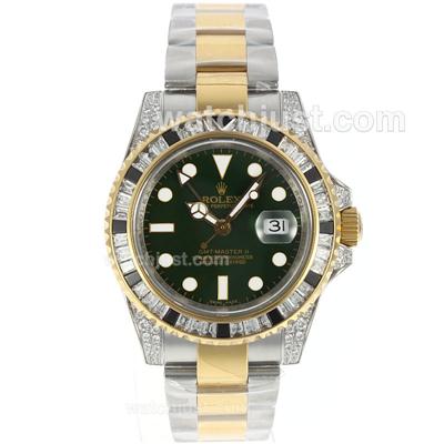 Rolex GMT-Master II Swiss ETA 2836 Movement Two Tone Black/White CZ Diamond Bezel with Green Dial