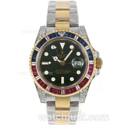 Rolex GMT-Master II Swiss ETA 2836 Movement Two Tone Blue/Red CZ Diamond Bezel with Green Dial