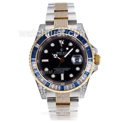 Rolex GMT-Master II Swiss ETA 2836 Movement Two Tone Blue/White CZ Diamond Bezel with Black Dial-Diamond Strap