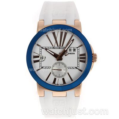 Ulysse Nardin Dual Time Automatic Rose Gold Case Blue Bezel with Siver Dial-Rubber Strap